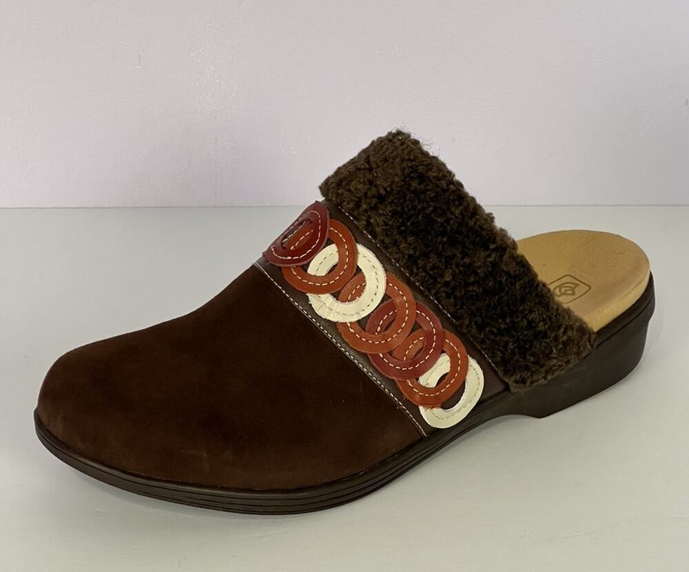 Spenco Ojai Cozy Clog Mules Women’s Size 10 Brown Suede Faux Fur Trim Slip On